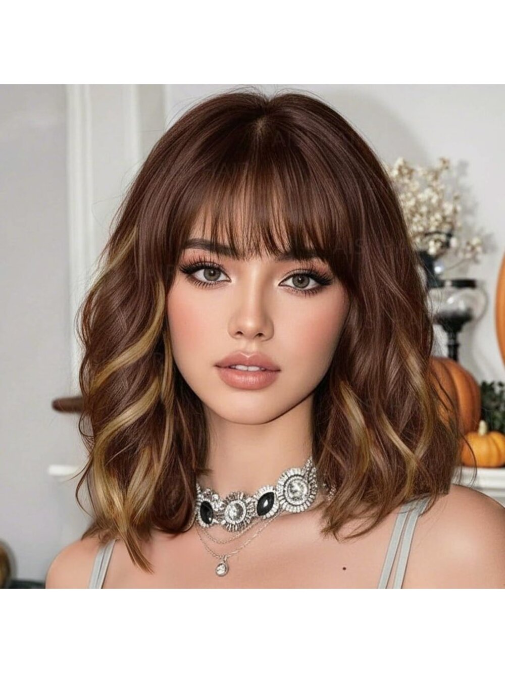 Woman's chestnut mixed Curly Bob Wig with Bangs Short Wavy Synthetic Hair Wig